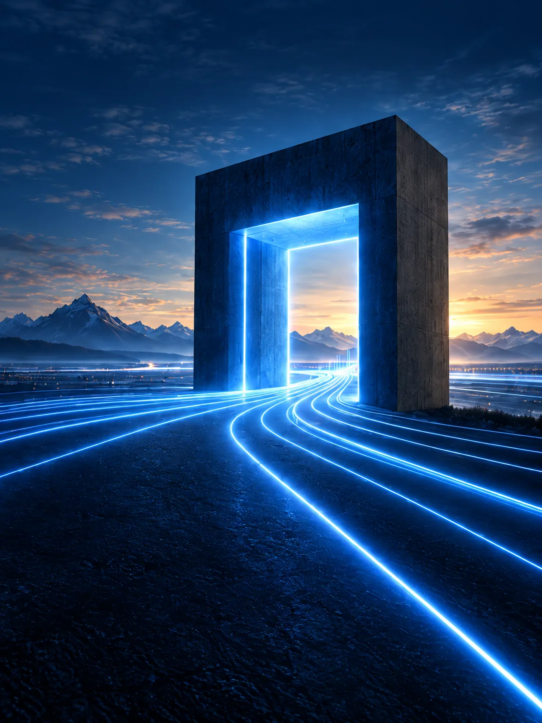 A monolithic gate at dusk, every light stream converging to pass through its single lit opening.