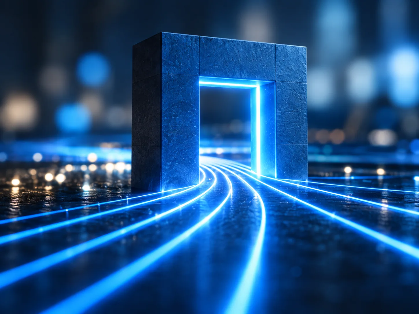 A close view of the gate, light streams separating onto their own tracks as they pass through it.