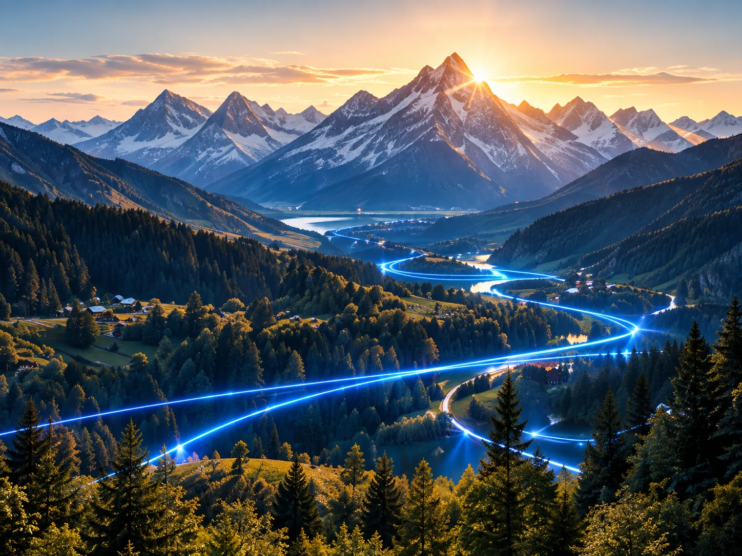 Data streams tracing a route through an alpine valley at dusk, past lit villages.